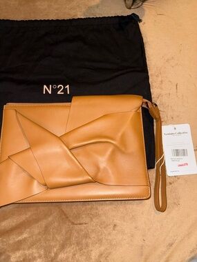 Camel Leather Knot Wristlet Clutch